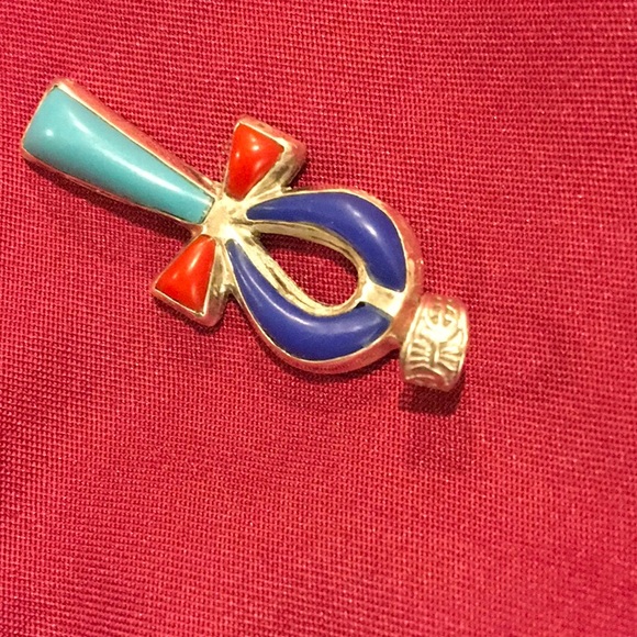 Silver Lapis/ Turquoise/ Coral Unkh Made In Egypt - Picture 5 of 6